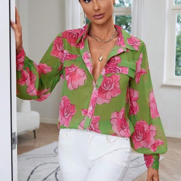 Floral Print Lantern Sleeve Shirt - Picture 2 of 5